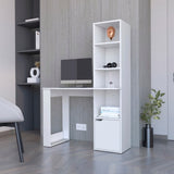 ZUN White Computer Desk with 4-Tier Bookcase and 1-Door Cabinet B062111728