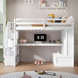 ZUN Full Size Loft Bed with Desk and Shelves, Two Built-in Drawers, Storage Staircase, White 35920794