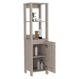 Linen Single Door Cabinet 59" H, Two Interior Shelves, Two Open Shelves, Light Gray B097133249