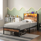 Twin Size Bed Frame with Storage Headboard, Metal Platform Bed with Charging Station, Bookcase W840P294072