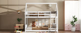 Twin Over Twin House Floor Bed with Headboards, Footboards and Guardrails, Ladder, Rubber Wood W504P227972