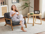 Mid-Century Oak Accent Chair - Linen-Cotton Dark Gray Upholstered Single Lounge Chair, Indoor 18928808
