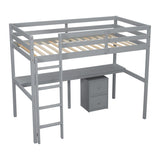 Twin Loft Wood Bed with Under-bed, Built-in Desk, a Storage Cabinet of 2 Drawers, Guardrails, W504P193786