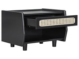 Black Nightstand with Rattan Detail, MDF Solid Wood, Modern Bedroom Storage, Open Shelf & Drawer, N770P374577B