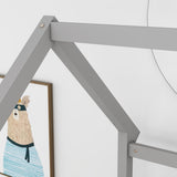 Twin Size Floor Wooden Bed with House Roof Frame, Fence Guardrails,Grey W1858123985