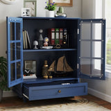 Minimalist Blue Buffet Cabinet with Double Glass Doors and Drawer, Modern Wooden Storage Sideboard W2557P307944