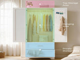 White Wardrobe Closet with Mirror Door, 2 Doors & 2 Drawers Storage Cabinet with LED Sensor Light, 36362195