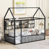 Twin Size Metal Bed House Bed Frame with Fence and Shelves, Black N737P175360B