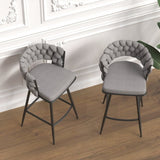28" Bar Chair Linen Woven Bar Stool Set of 2,Black legs Barstools No Adjustable Kitchen Island W2189131981