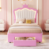 Twin Size Upholstered Bed Frame with LED Lights, Modern Upholstered Princess Bed with Crown W2770P190376