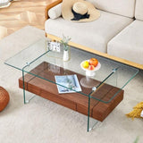 ZUN 43.3 Inch Modern Two-Tier Coffee Table - Clear Tempered Glass and Dark Wood Grain, Multifunctional W1151P232626