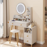 ZUN Round Mirror Bedside Cabinet Vanity Table + Cushioned Stool, With 2 AC Power + 2 USB socket, 17" W936P146695