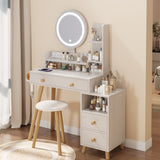 ZUN Round Mirror Bedside Cabinet Vanity Table + Cushioned Stool, With 2 AC Power + 2 USB socket, 17" 84198038