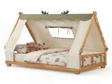 Twin Size Montessori House Floor Bed with Removable Canopy Tent, Solid Wood Kids Bed with Guardrails 41357052