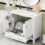 36" White Bathroom Vanity with Ceramic Sink, Soft-Close Doors, Double Storage Shelves & Divided N729P276609K