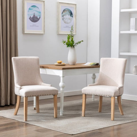 ZUN Set of 2 Fabric Dining Chairs Leisure Padded Chairs with Rubber Wood Legs,Nailed Trim, Beige 57945610