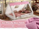 Full Size House Floor Bed with Tent and Light, Solid Wood Teepee Floor Bed with Full-length W1580P369467