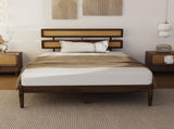Dark walnut wood painted finish rattan and pine wood double headboard full size wooden bed, 43829429