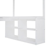 ZUN Full Wooden Loft Bed with U-shaped Desk,Storage Compartments and Tri-fold Mirror, White 71431452