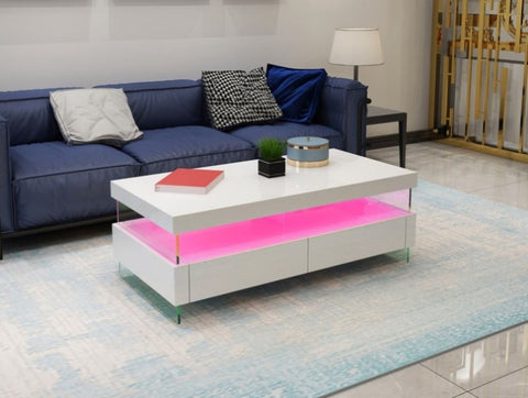 ZUN Ria Modern & Contemporary Style with LED Coffee Table Made with Wood & Glossy Finish in White Color B009136657