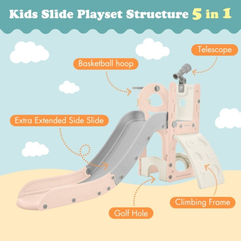 ZUN Kids Slide Playset Structure 5 in 1, Spaceship Set with Slide, Telescope and Basketball Hoop, Golf 27112686