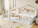Twin Size Floor Bed with Guardrails and Roof, Kids House Floor Bed with a Small Built-in Tray and W1580P396330