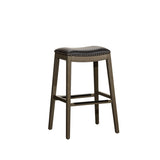 30" Bar Height Saddle Stool, Weathered Gray Finish, Black Leather Seat B046109807