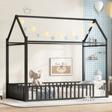 Twin size House Floor Bed with Detachable Slats, Versatile Metal House bed with Guardrails, W1580P324213