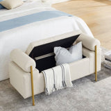 Elegant Upholstered Linen Storage Bench with Cylindrical Arms and Iron Legs for Hallway Living Room W487128011
