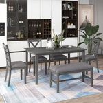 ZUN 6-Piece Kitchen Dining Table Set Wooden Rectangular Dining Table, 4 Fabric Chairs and Bench Family 35334978