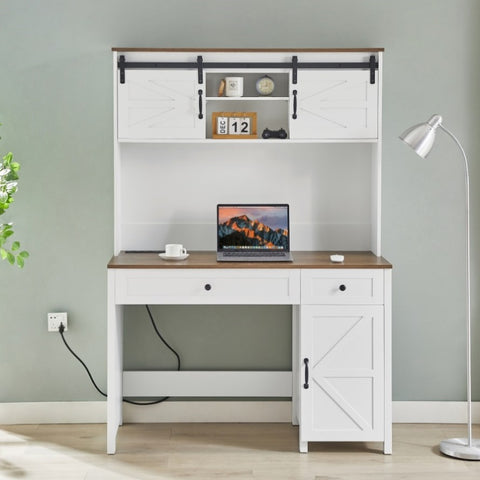 ZUN 52" Farmhouse Executive Desk with Drawers, Wood Home Office Desk w/Charging Station, File Drawer, W1820P195811