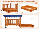 Cedar Wood Kids Sandpit with Playhouse & Canopy, Sandbox with Rear Wheels, NaturalBlue 05048118