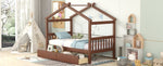 ZUN Twin Size Wooden House Bed with Drawers, Walnut WF300799AAL