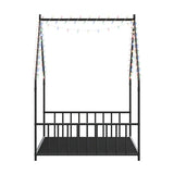 Twin size children's bed frame with LED light strips, roof-shaped iron frame bed, black,78.5" L x 49013984