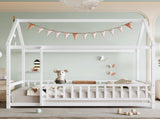 Twin Size Floor Wooden Bed with House Roof Frame, Fence Guardrails,White W1858P389938