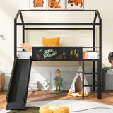 Metal House Bed With Slide, Twin Size Metal Loft Bed with Two-sided writable Wooden Board MF294384AAB