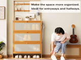 Shoe Cabinet with 3 Rattan Flip Drawers, Bamboo Storage Cabinet with Coat Hooks, Freestanding W2641P381049