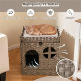 2-Tier Wicker Cat Condo with Litter Mat - Hidden Litter Box Enclosure, Detachable Washable Cushion, 98775677