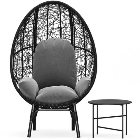 ZUN Patio PE Wicker Egg Chair Model 3 with Black Color Rattan Grey Cushion and Side Table 81543735