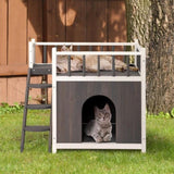 ZUN 2-Story Wooden Feral Cat House Dog House for Outdoor and Indoor, Pet House with Stairs, Grey & White 10767951