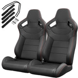 2PC New Universal Bucket Racing Seats Red Stitch Red PVC Leather Reclinable Carbon Look Leather Back W1739P266854