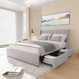 Queen Size Bed Frame with 4 Storage Drawers and Wingback Headboard, Button Tufted Design, Light Grey W1303P227896