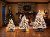 3Piece Flocked PreLit Christmas Tree Set, 3FT 4FT 5FT Potted Artificial Tree with Warm White LED 3 N710P513662K