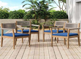 Braided Acacia Wood Outdoor Dining Chairs Set of 2 Teak Look with Beige Rope & Navy Cushions, N770P286668N