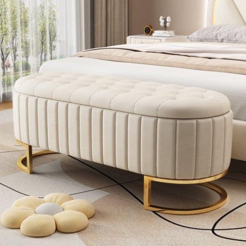 ZUN Elegant Upholstered Velvet Storage Ottoman with Button-Tufted,Storage Bench with Metal Legs for WF306333AAA