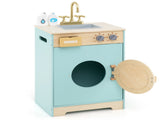 Blue Kids Wooden Toy Washing Machine Playset, Realistic Rotating Wheel & Removable Sink 28716823