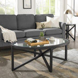 Modern simple coffee table, tempered coffee table solid wood base round transparent W1781127576