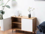 ZUN Mid-Century Modern Light Brown and White Storage Console Cabinet Table Black Metal Legs Gold Tone B011P193965