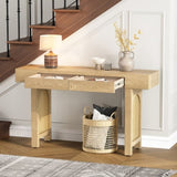 Narrow Console Table with Rattan Accent, Natural Wood Finish Entryway Table with Storage Drawers, 63493797