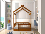 Full Size Wood Bed House Bed Frame with Fence, for Kids, Teens, Girls, Boys,Walnut WF302177AAL